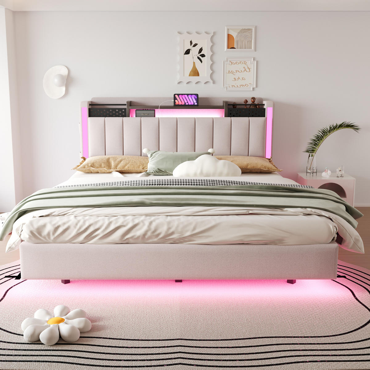 POLSTERBETT 160/200 cm mit LED-Beleuchtung, USB und Stauraum im Kopfteil - Beige, Textil (160/200cm) - BEAOK