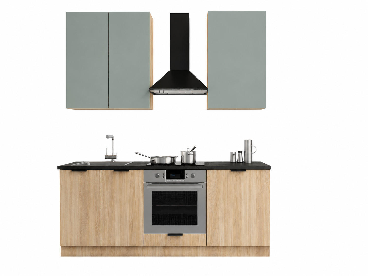 KÜCHENZEILE 200 cm - Sorento K1-G200 - in Grün & Sonoma Eiche - Schwarz/Grün, Holz/Metall (200/247/58cm) - ROYAL24_MARKT