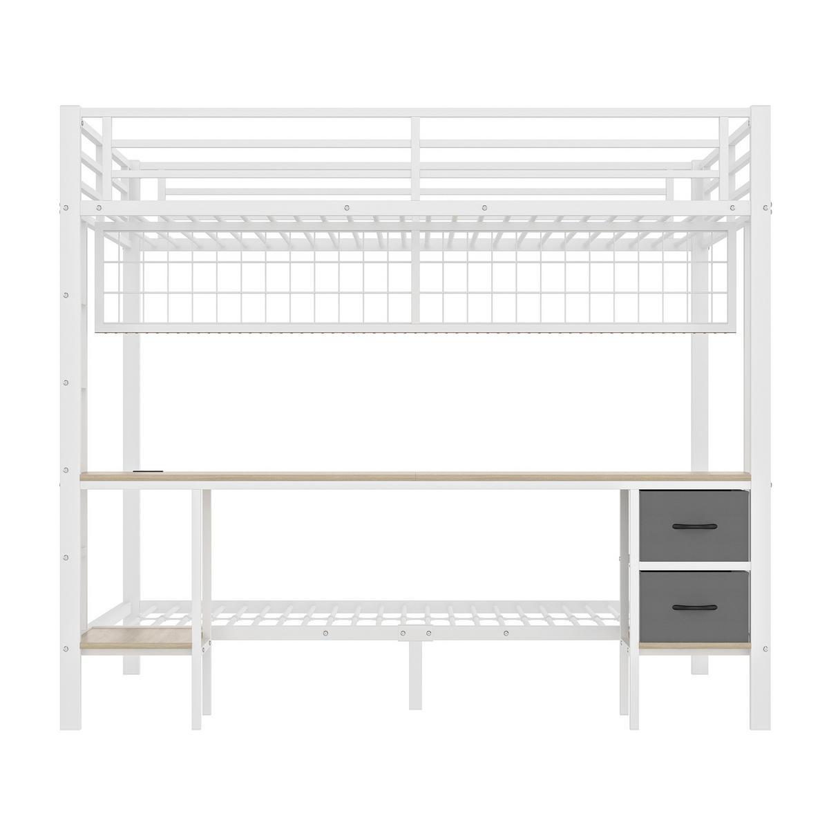 HOCHBETT aus Metall und MDF 140x200 cm Weiß mit Schreibtisch, Schubladen, LED-Leiste und USB-Anschluss - Weiß, Metall (140/200cm) - IVMEU