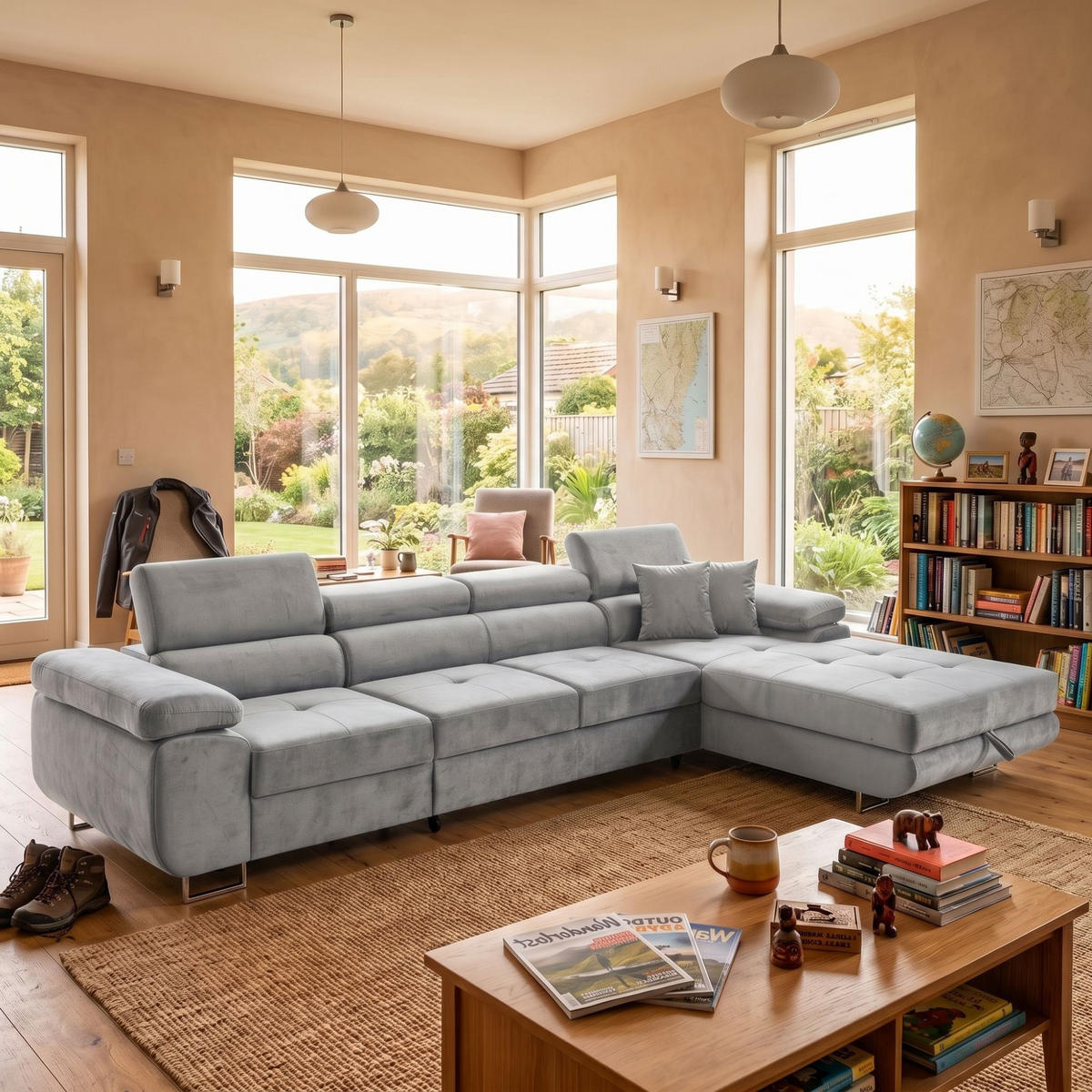 ECKSOFA ALONZO MAXI Rechts mit Schlaffunktion 125x195 Velours Hellgrau - Silberfarben/Hellgrau, Holz/Textil (203/350cm) - Muffo