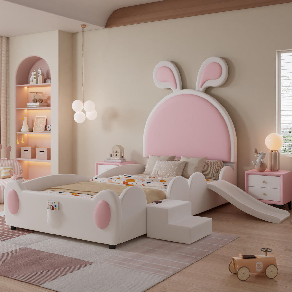 KINDERBETT 90/200 cm mit Rutsche, Treppe und Hasenohren-Kopfteil aus PU, Weiß/Rosa - Rosa, Kunststoff (90/200cm) - Redom