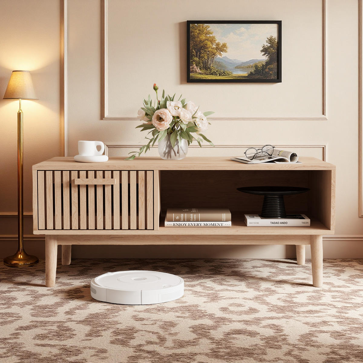 COUCHTISCH naturholz rattanoptik mit fach und schublade - Braun, Holzwerkstoff (100/50/43cm) - SHOPENTRA