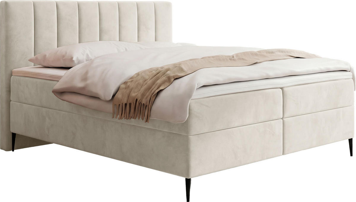 BOXBETT Allen mit Bettkasten, Samt Creme 160x200 cm – inkl. H4 Taschenfederkern Matratze & Foam Topper - Beige/Creme, Holzwerkstoff/Metall (160/200cm) - WFL GROUP
