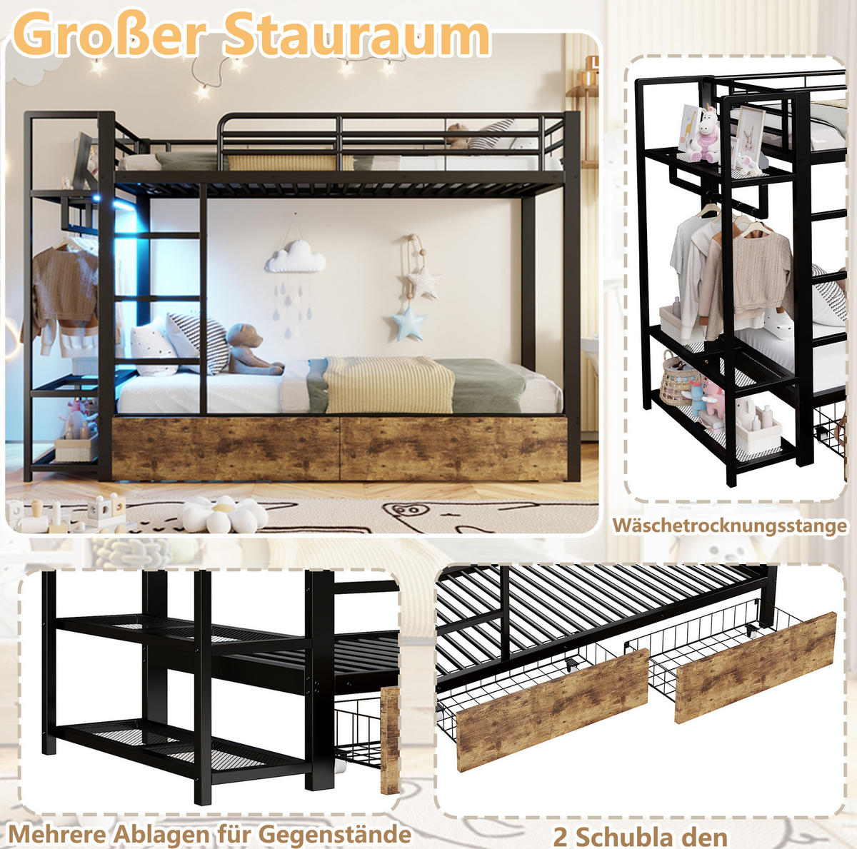 ETAGENBETT 90/200 cm mit LED-Lichtleiste, 2 Schubladen, Regalen und Kleiderstange, Schwarz - Schwarz, Metall (90/200cm) - Redom