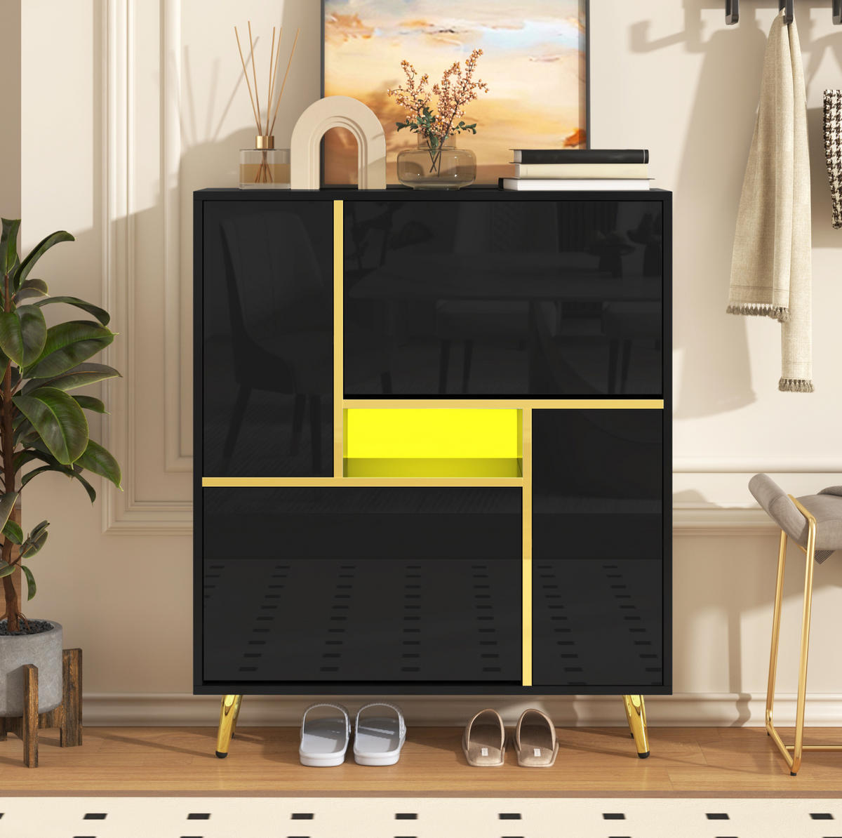 SCHUHSCHRANK 80/25/96 cm in Schwarz mit 2 Türen, Hochglanzfront und LED-Licht - Schwarz, Holzwerkstoff (80/96/25cm) - BEAOK