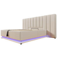 TAPECIRANI krevet od lana 180x200 cm bež s LED rasvjetom, USB i USB-C priključcima te hidrauličkim spremištem - bež, tekstil (180/200cm) - Modfu
