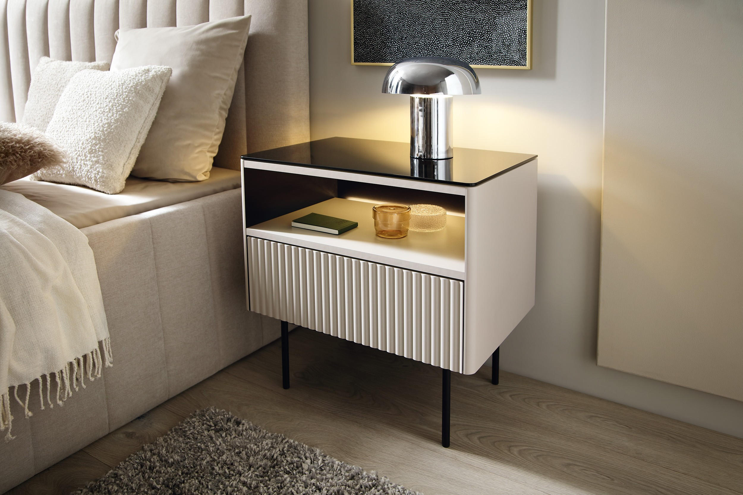 NACHTTISCH Rita Kaschmir, Nachtschrank mit Schublade und LED beleuchtung - Kaschmir/Schwarz, Holzwerkstoff (57/57/39cm) - Bettso