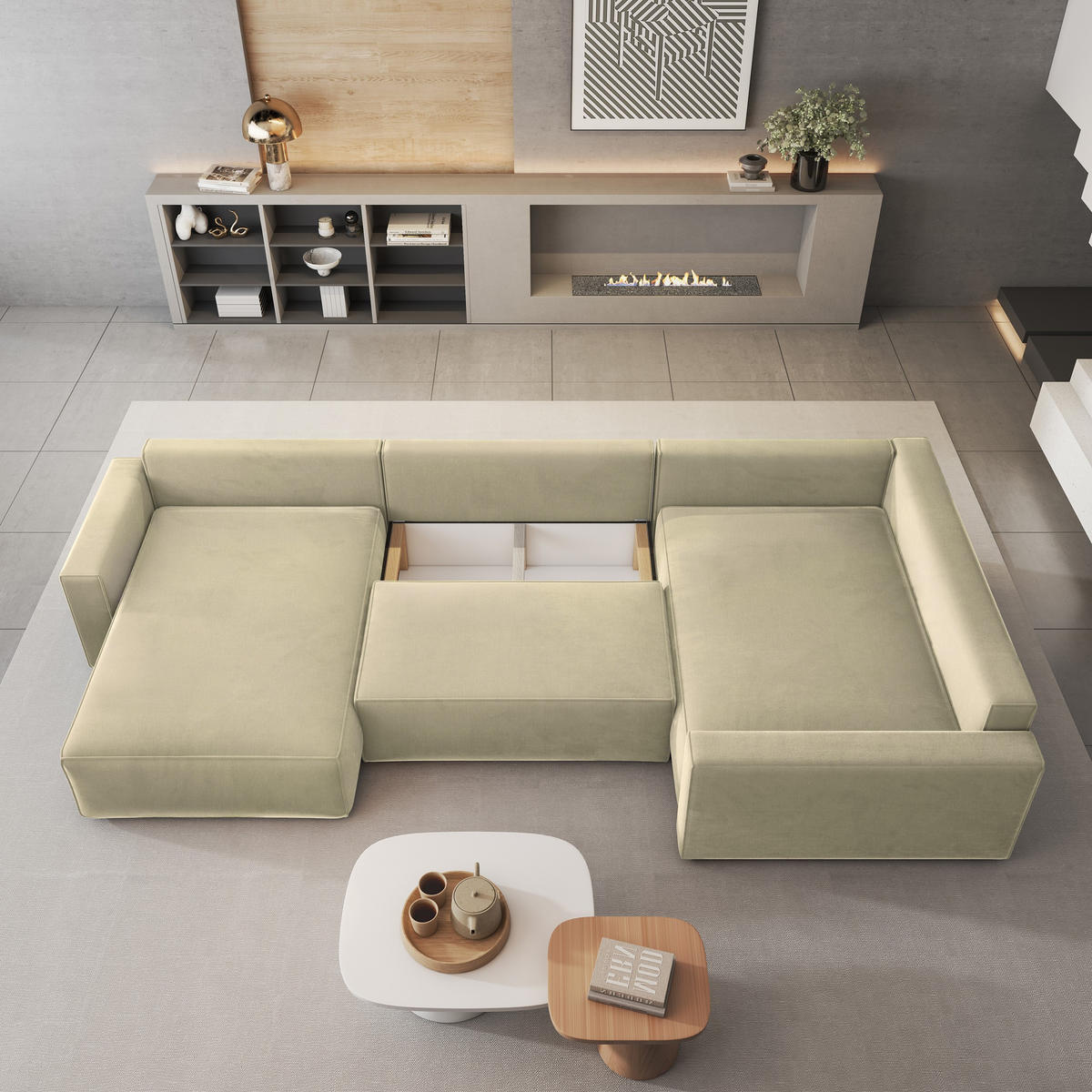 WOHNLANDSCHAFT VELAMI R-S Creme Velours-Stoff mit Schlaffunktion - Creme, Holz (365/83/194cm) - MASSENO