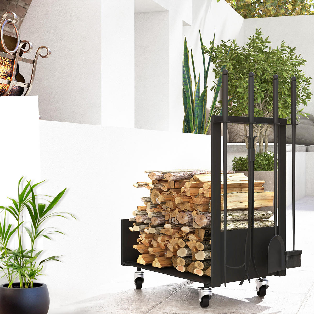 KAMINHOLZREGAL bis 60 kg - Schwarz, Metall (30/76/48cm) - Outsunny