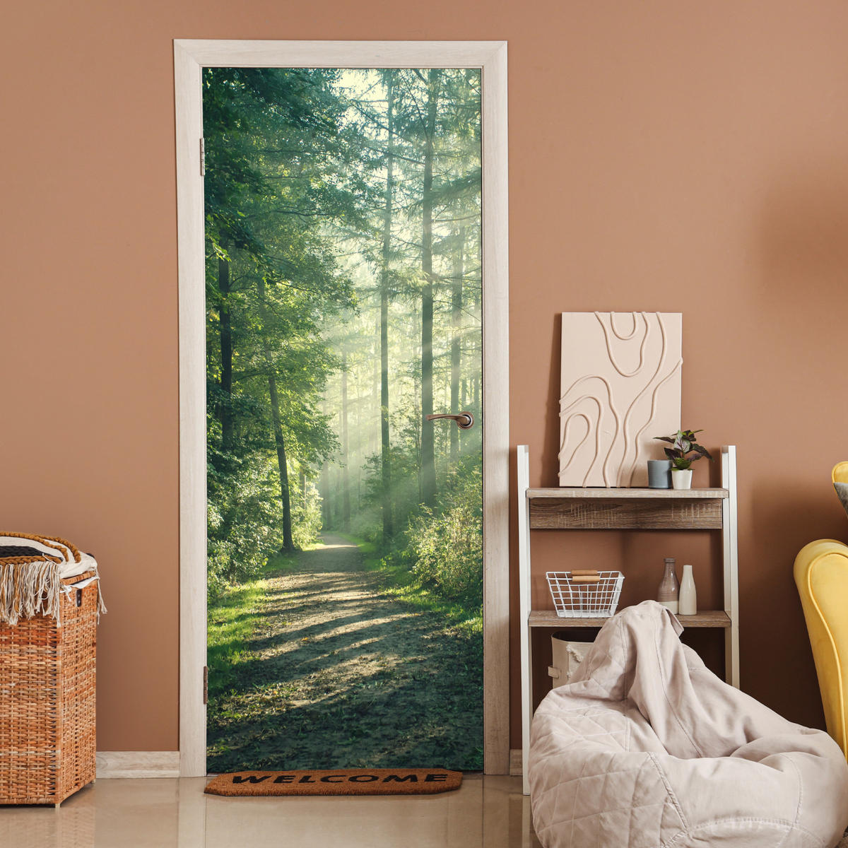 TÜRAUFKLEBER Wald - Weg - Sonne - Bäume - Grün - Natur 85x215 cm - Türtapete - Waldgrün, Kunststoff (85/0.1cm) - MuchoWow