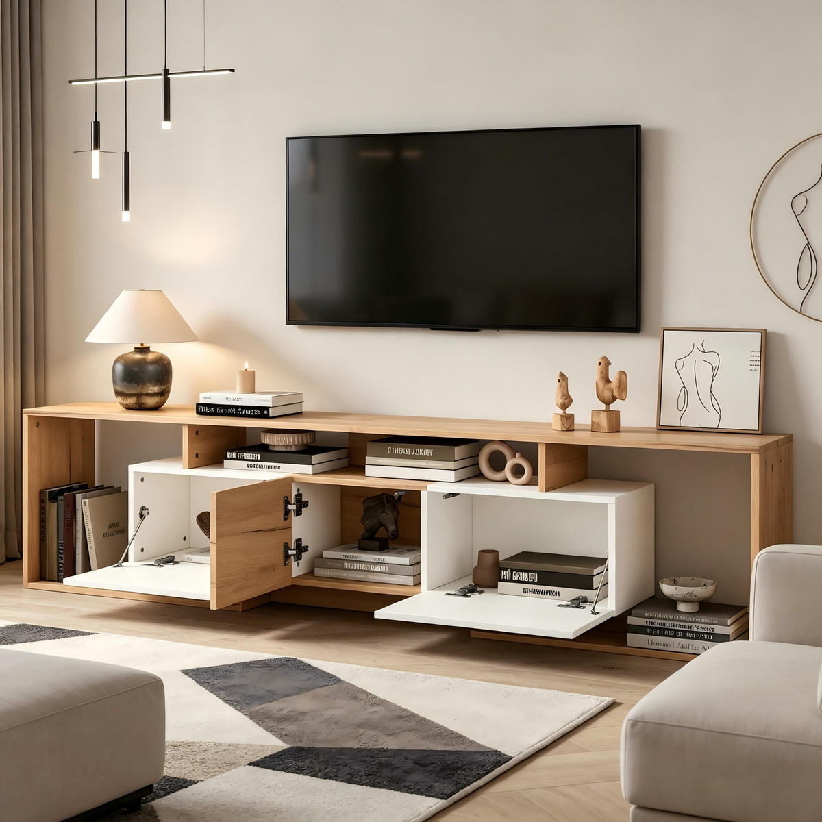 TV-ELEMENTLOWBOARD 180x30x49cm WeißNaturholz für 85ZollTV PushtoOpen - Naturfarben, Holz (39.5/16/99.01cm) - Raelunyi
