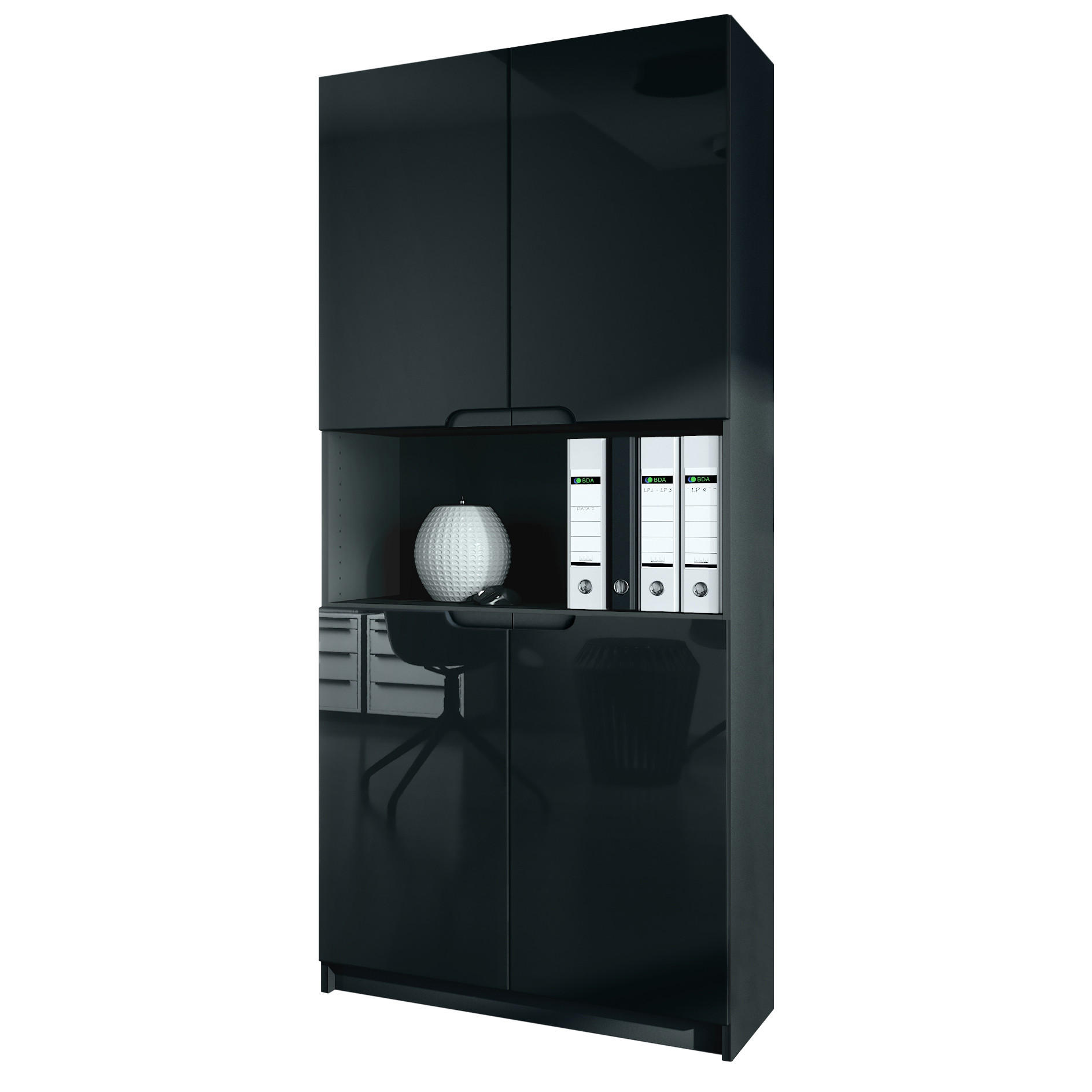 BÜROSCHRANK Logan Fronten in Schwarz Hochglanz - Schwarz Hochglanz, Holzwerkstoff (82/184/37cm) - Vladon