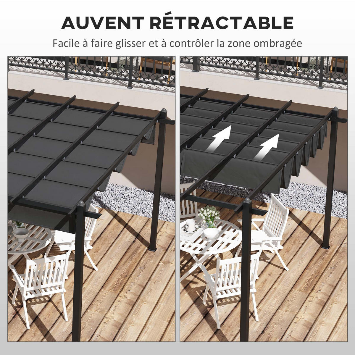 PERGOLA DE-12598 350/600 cm ausziehbar mit Alurahmen Dunkelgrau - Dunkelgrau, Metall (358/223/597cm) - ComfortXL