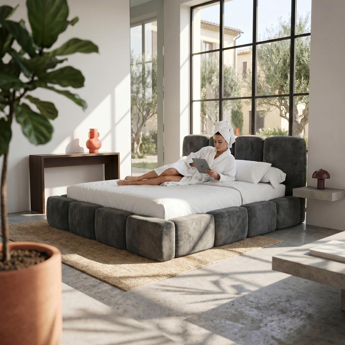POLSTERBETT SUENO MAXI 160x200 cm in Grau, gepolstertes Kopfteil, Metalllattenrost, Bettkasten, Velour-Stoff - Naturfarben/Grau, Holz/Textil (160/200cm) - Muffo