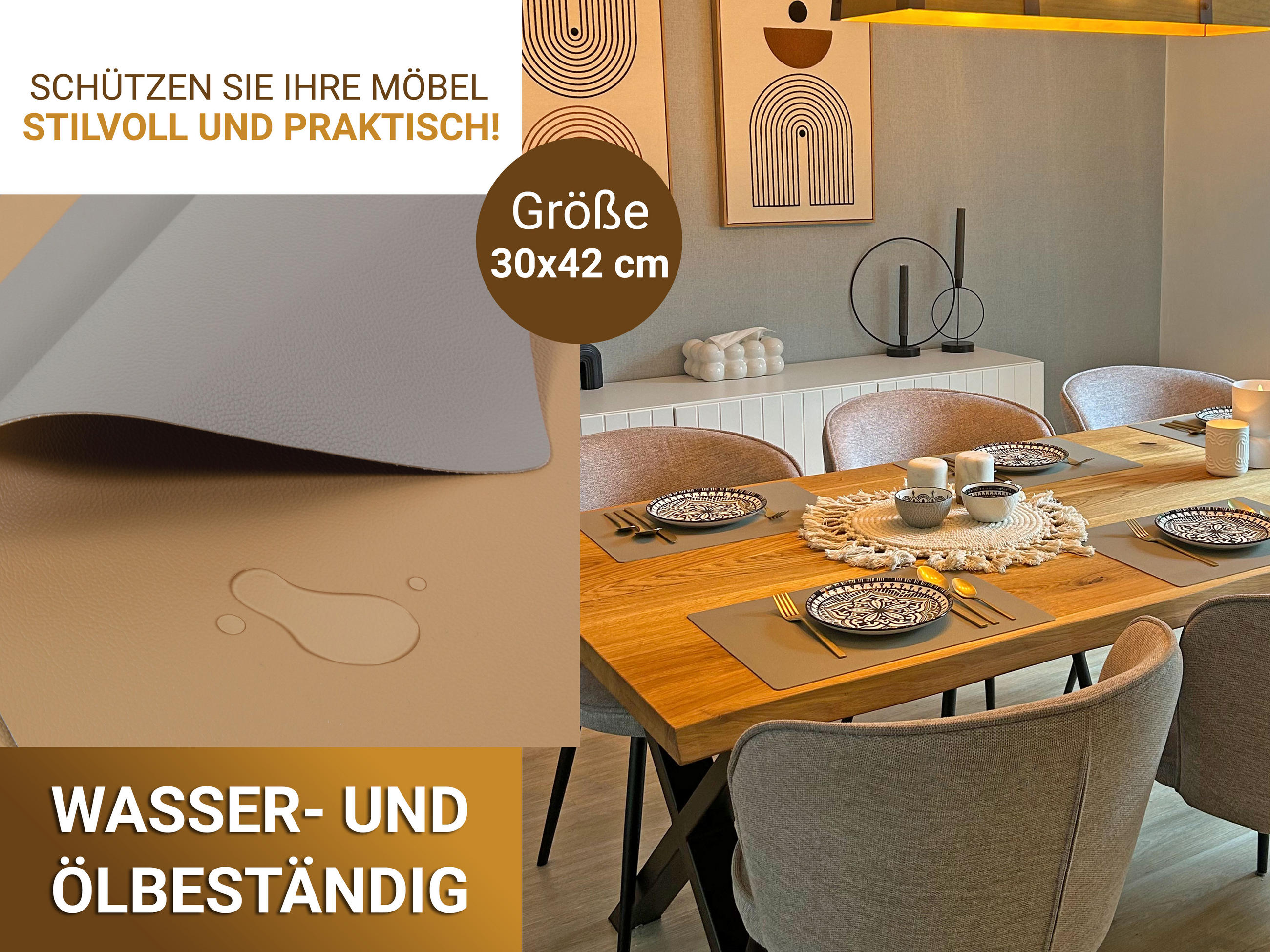 TISCHSET, 6er-Set, 30x42 cm, wasserdicht, aus PVC und Polyester, Beige - Beige, Textil (42/30/1cm) - Zollner