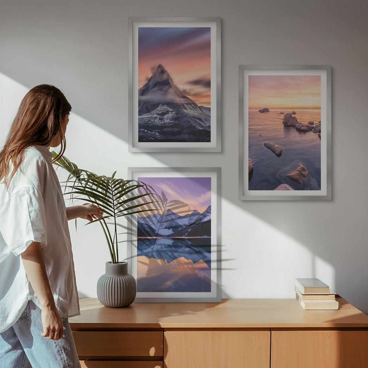 BILDER SET 3er Set - 40x60 cm Silberner Rahmen - Berglandschaft, See, Westen - Silberfarben, Kunststoff (40/60cm) - TULUP