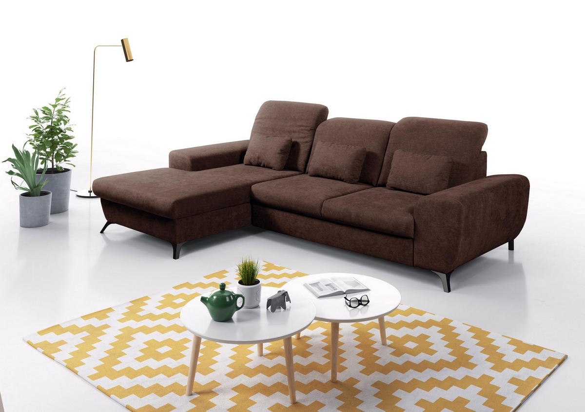 ECKSOFA LUCE L-S Braun Plüsch-Stoff mit Schlaffunktion - Braun, Holz (279/172cm) - MASSENO