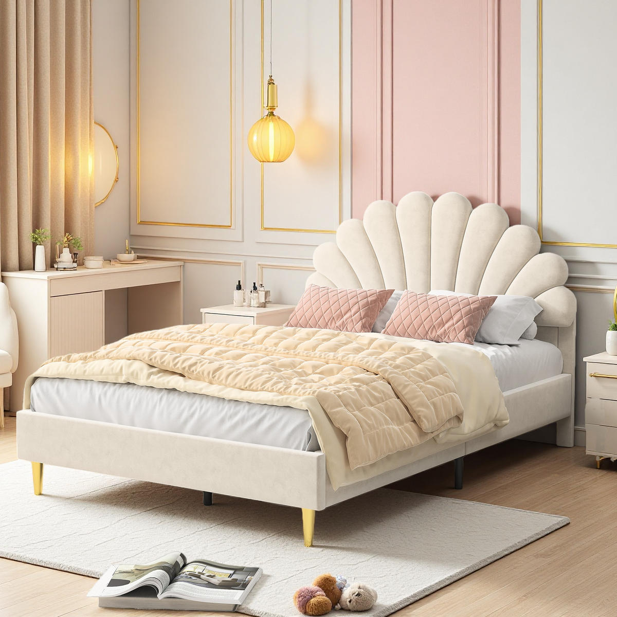 KINDERBETT 140 x 200 cm, Bettgestell mit floralem Kopfteil, beige, Samt, Doppelbett, Lattenrost. - Beige, Holz (140/200cm) - WoodenAura