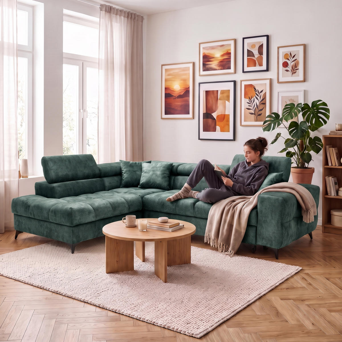 ECKSOFA PUDDING L Links mit Schlaffunktion 128x197 Velours Jadegrün - Jadegrün/Schwarz, Holz/Textil (270/204cm) - Muffo