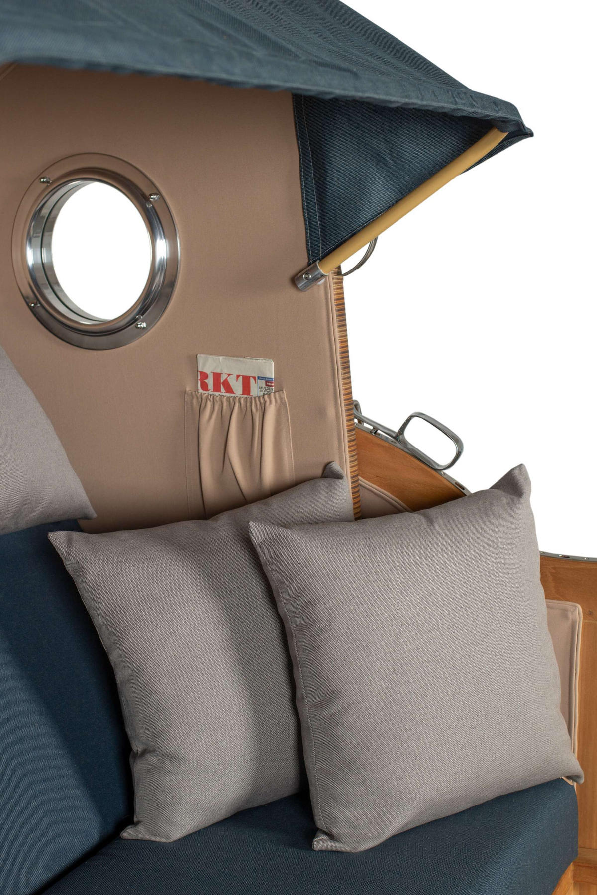 STRANDKORB Komplettset Düne Grande Teak Bullauge PE Banana Dessin 593 - Blau/Braun, Naturmaterialien/Metall (142/170/95cm) - Mr. Deko