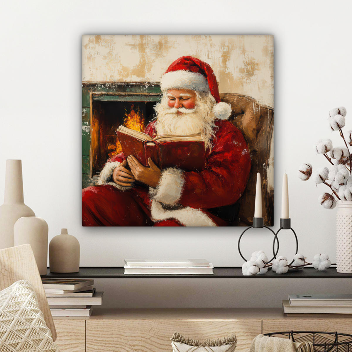 LEINWANDBILD Weihnachten - Weihnachtsmann - Winter - Open Fireside 50x50 cm - Dunkelrot, Textil (50/50cm) - MuchoWow