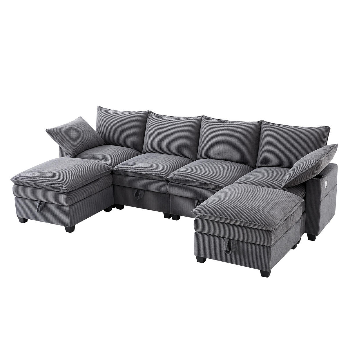 SOFA Modulares L-förmiges mit Fußhockern und USB-Anschlüssen Cord Grau 280/151/82 cm - Grau, Textil (280/151cm) - OKWISH