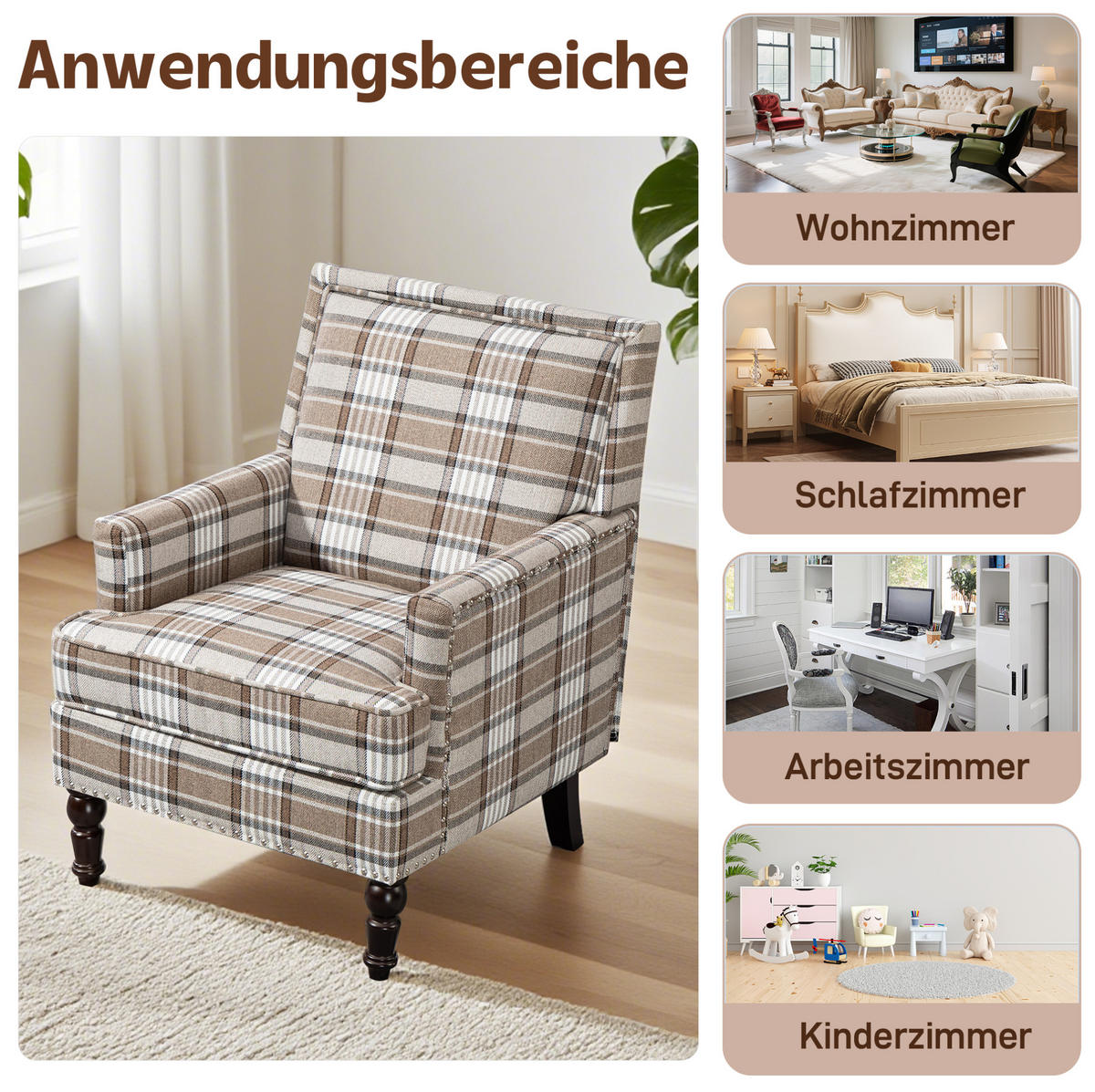 SESSEL in Braun/Weiß aus Baumwoll-Leinen mit Holzgestell,69/69/89 cm - Braun, Textil (69/89/69cm) - BEAOK