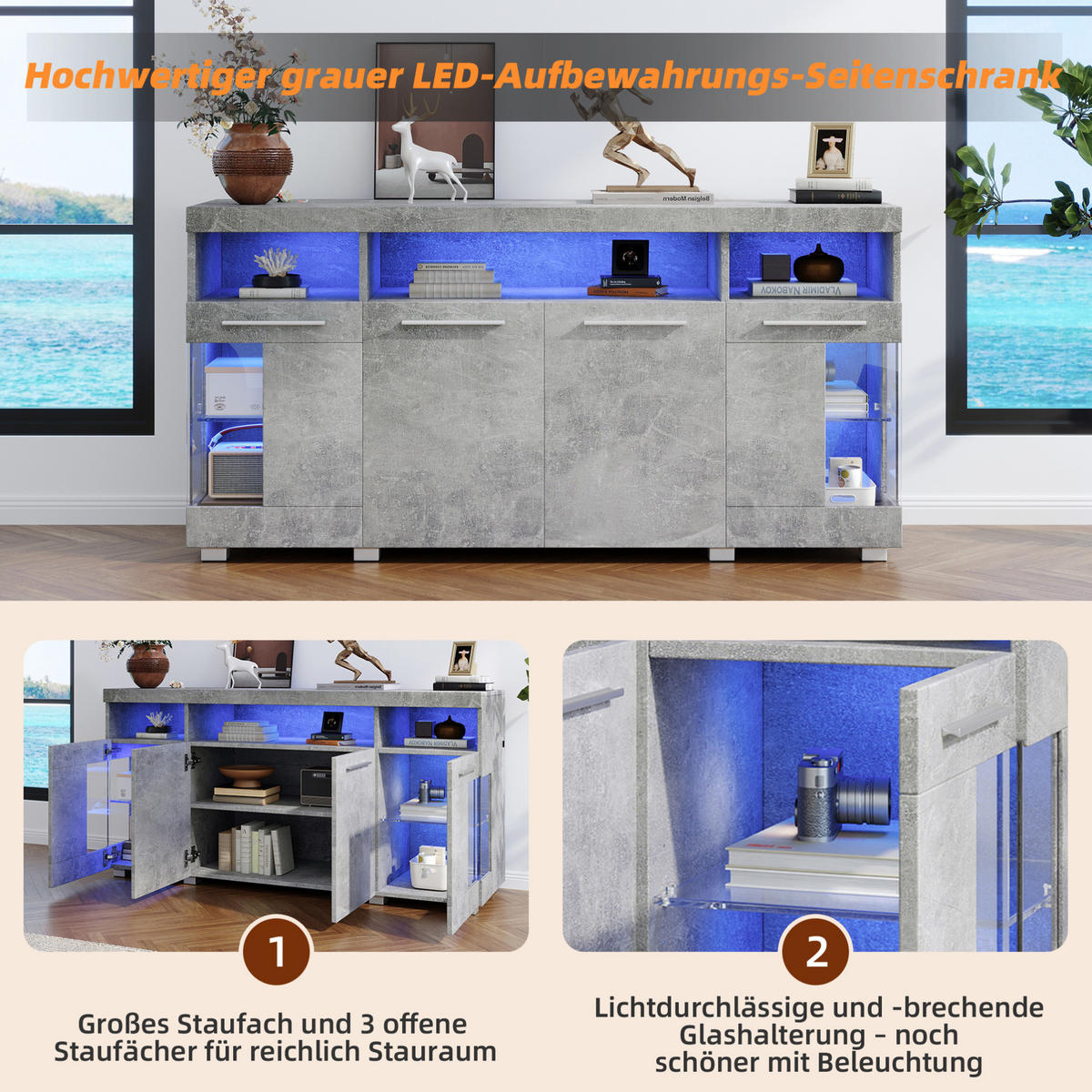 SIDEBOARD 140/40/70 cm in Zementgrau mit LED-Beleuchtung und Glastüren - Grau, Holzwerkstoff (140/70/40cm) - Flora Grace