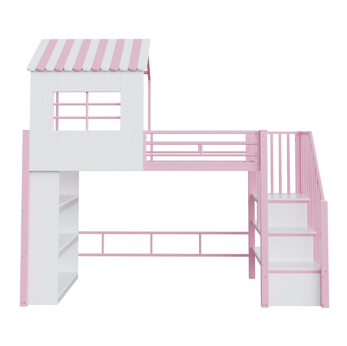 HOCHBETT 90/200 cm aus Metall und MDF mit Stauraumtreppe, Regal und Freiraum unter dem Bett, Rosa/Weiß - Rosa, Metall (90/200cm) - Redom