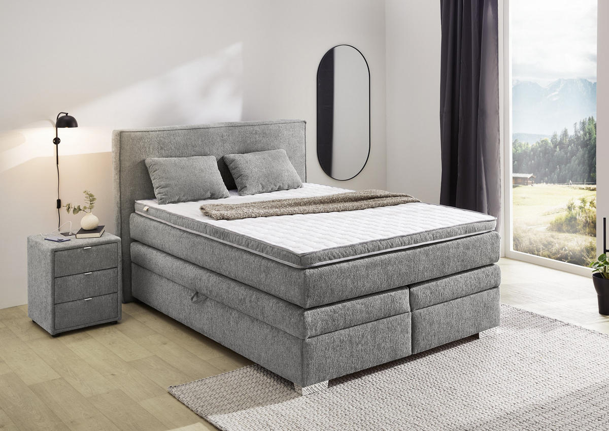 BOXSPRINGBETT 140x200 cm, 7-Zonen-Tonnentaschen-Federkernmatratze H4, Topper, Bonell-Federkern, 2 große Bettkästen, Chenille Grau / 20010 - Chromfarben/Grau, Kunststoff/Textil (140/200cm) - luma-home