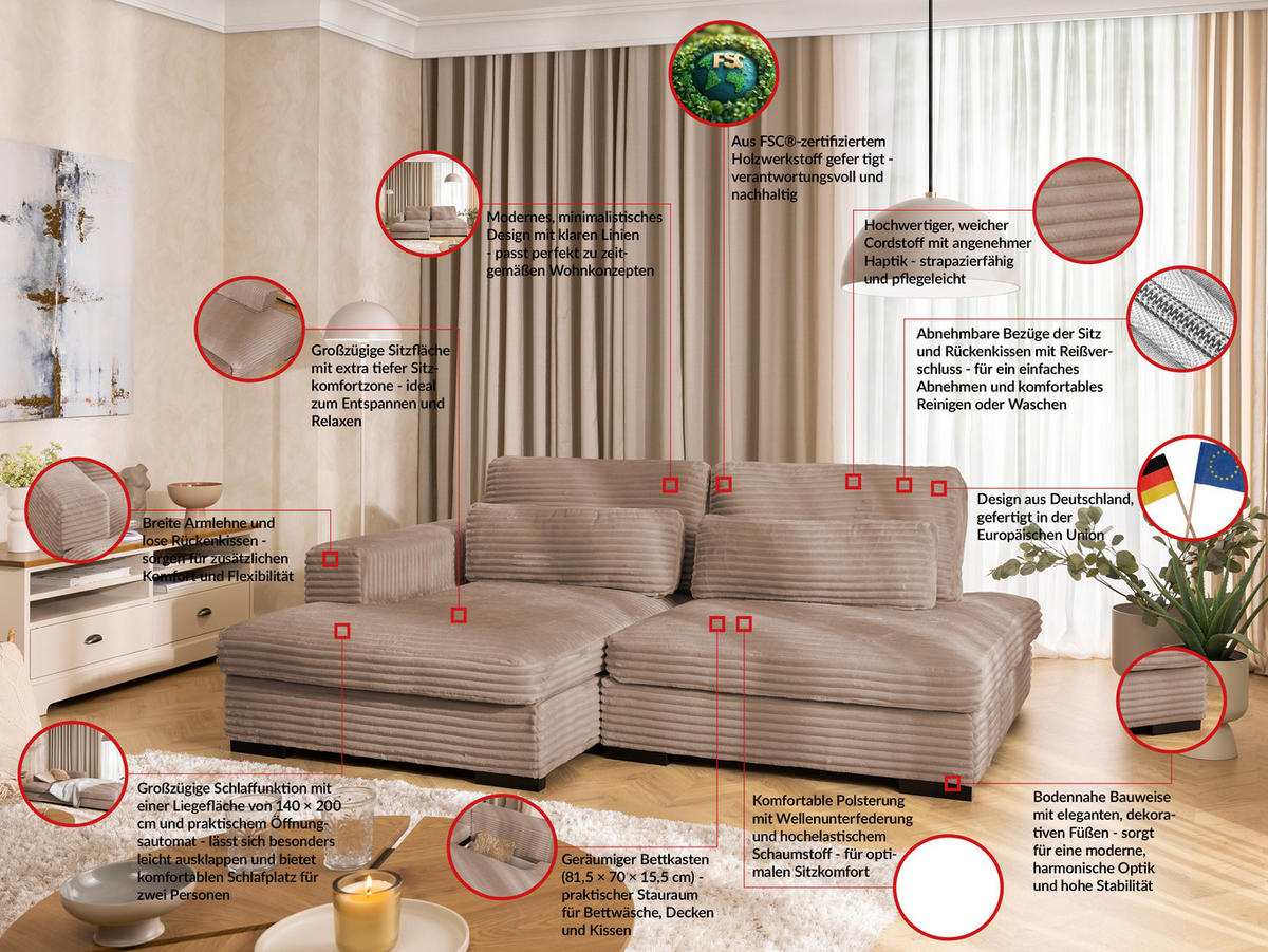 ECKSOFA Wolke mit tiefer Sitzfläche, Schlaffunktion und praktischem Bettkasten aus weichem Beige Cordstoff - Schwarz/Cappuccino, Holz/Kunststoff (162/225cm) - S-Style