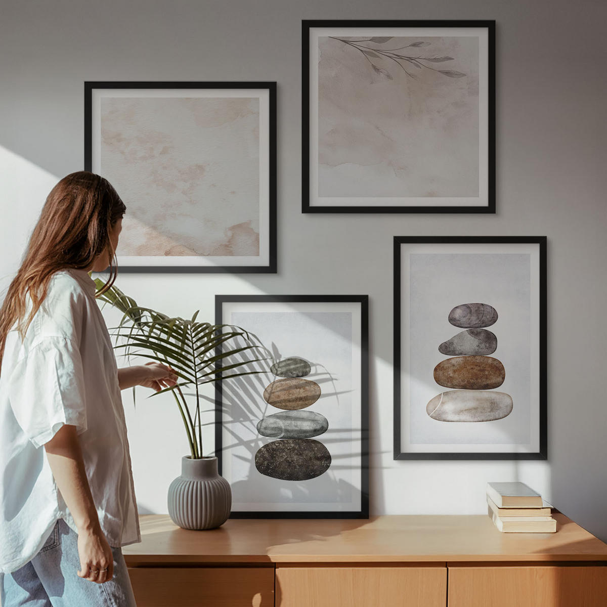 WANDBILDER 4er-Set - 50x50 cm & 40x60 cm Schwarzer Rahmen - Steinstapel-Boho-Malerei - Schwarz, Kunststoff (50/50cm) - ArtPrintCave