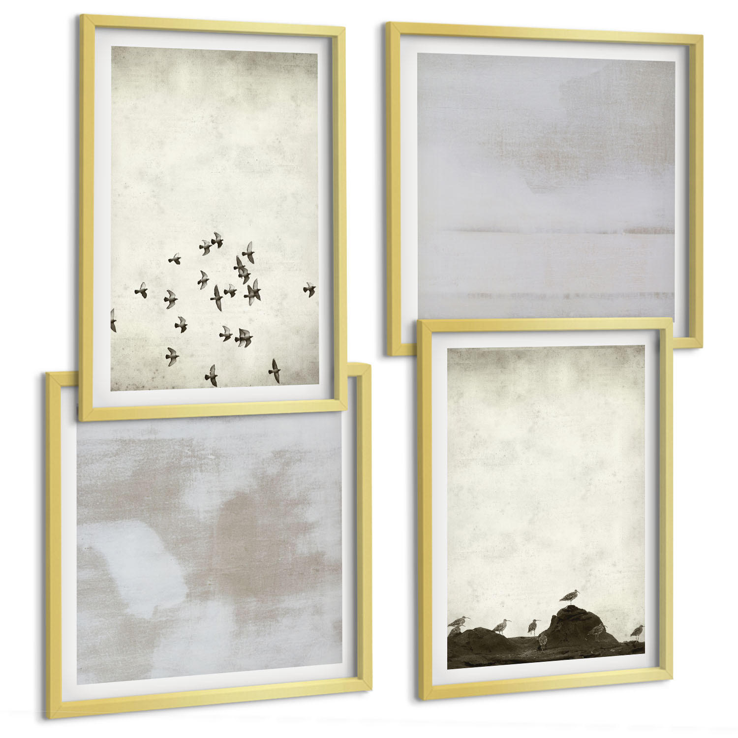 BILDER SET 4er Set - 50x50 cm & 40x60 cm Goldrahmen - Minimalistische Vögel im Flug - Goldfarben, Kunststoff (50/50cm) - TULUP