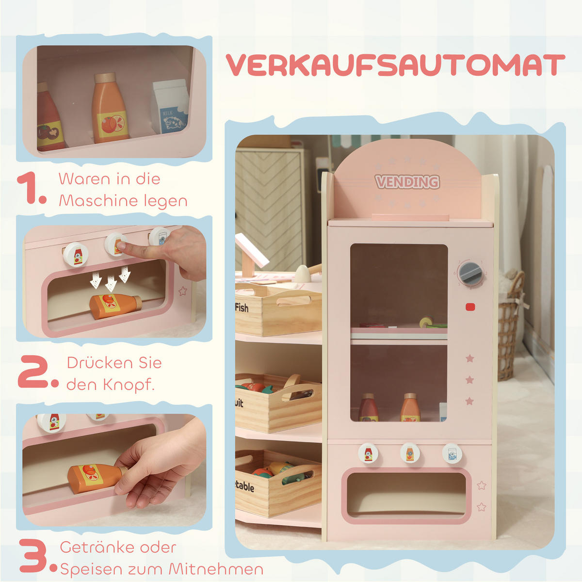 KINDER-KAUFLADEN MDF Sperrholz Rosa - Rosa, Holzwerkstoff (60/73.8/90.7cm) - AIYAPLAY