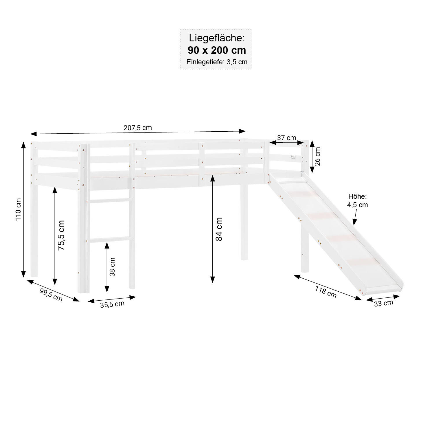 HOCHBETT 90/200 cm weiß Rutsche Matratze Vorhang Tunnel Blau - Weiß/Hellblau, Holz/Textil (90/200cm) - Homestyle4u