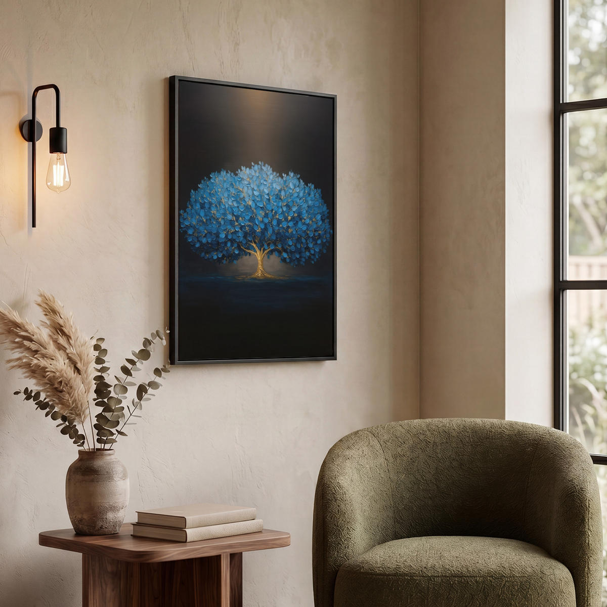 LEINWAND Bilder mit Rahmen - Baum - Blau - Blätter - Pinselstriche - 50x70 - Blau, Textil (50/70cm) - MuchoWow