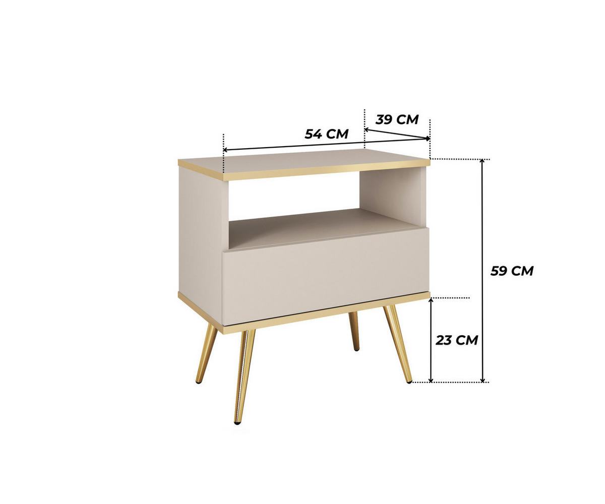 NACHTTISCH FORNO (Beige, Goldene Details, 1 Schublade, offenes Fach, goldene Metallfüße) - Gelb/Beige, Holz/Holzwerkstoff (54/59/39cm) - Ravio