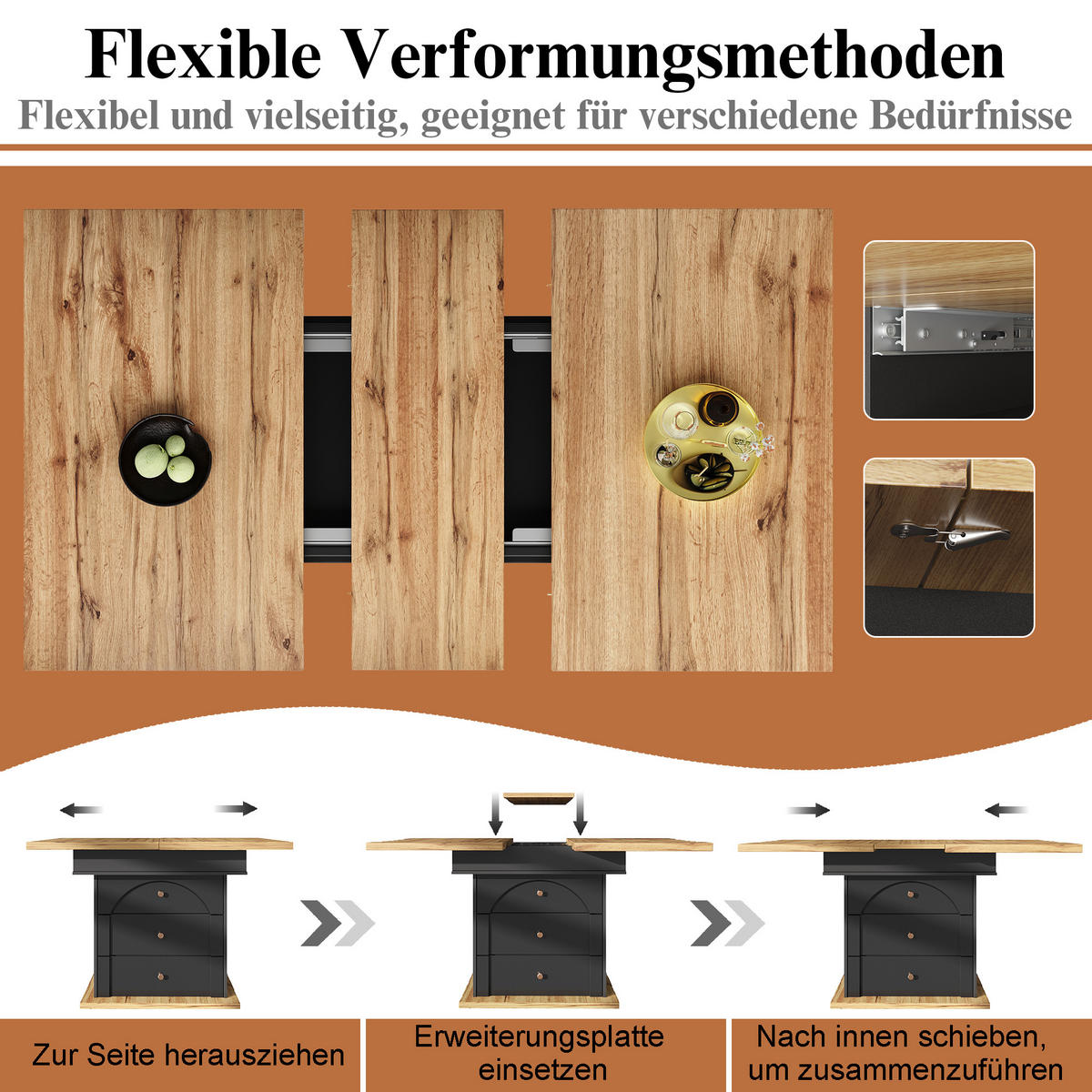 ESSTISCH Ausziehbarer aus MDF mit Stauraum & Klapptür, 110–140/80/75 cm, Schwarz/Natur - Schwarz, Holzwerkstoff (110/80/75cm) - Redom