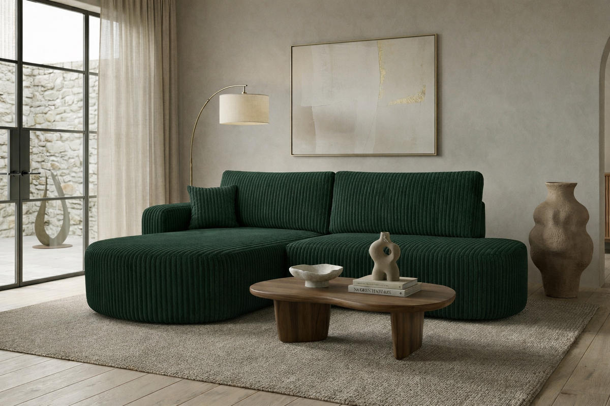ECKSOFA Mit Schlaffunktion Und Bettkasten, Cordstoff Tilia, Grün, Links, ROUND ONE OPEN XL - Grün, Holz (262/175cm) - Kaiser Möbel