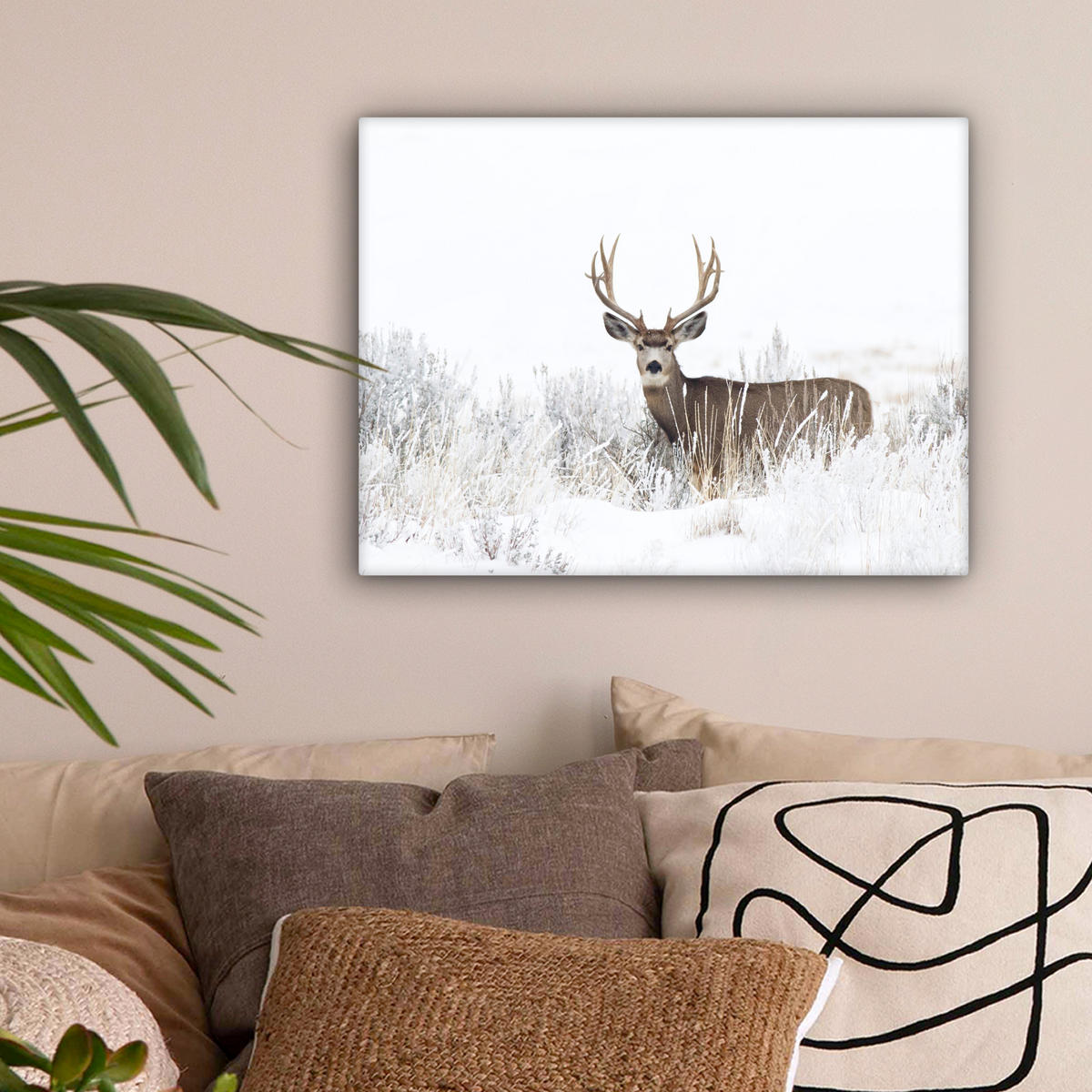 LEINWANDBILD Hirsche - Winter - Schnee - Tiere - Jahreszeiten - Weiß 40x30 cm - Hellbraun, Textil (40/30cm) - MuchoWow