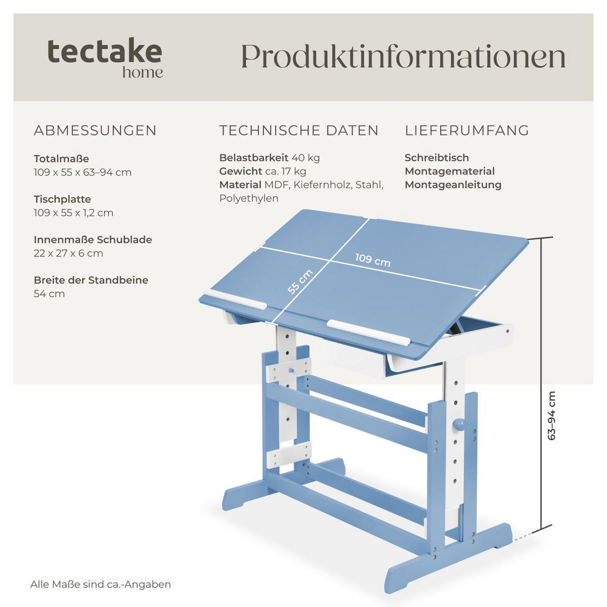 SCHREIBTISCH ,109 x 55 x 94 cm,blau - Blau, Holz (109/55/94cm) - tectake