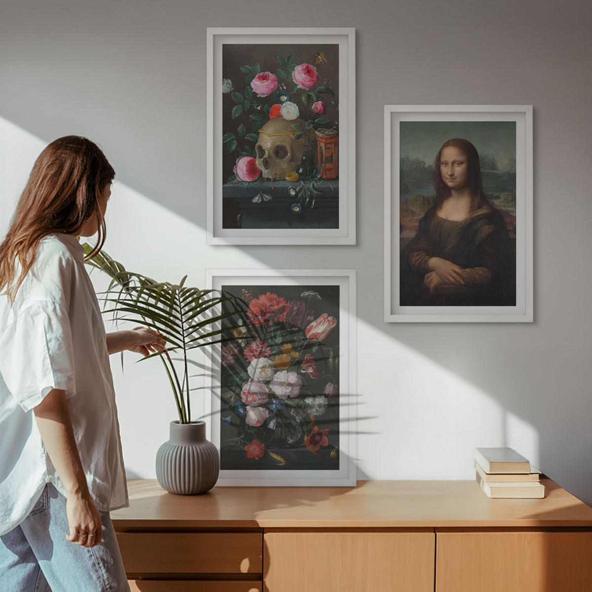 BILDER SET 3er Set - 40x60 cm Weißer Rahmen - Blumenschädel-Porträt Mona Lisa - Weiß, Kunststoff (40/60cm) - TULUP
