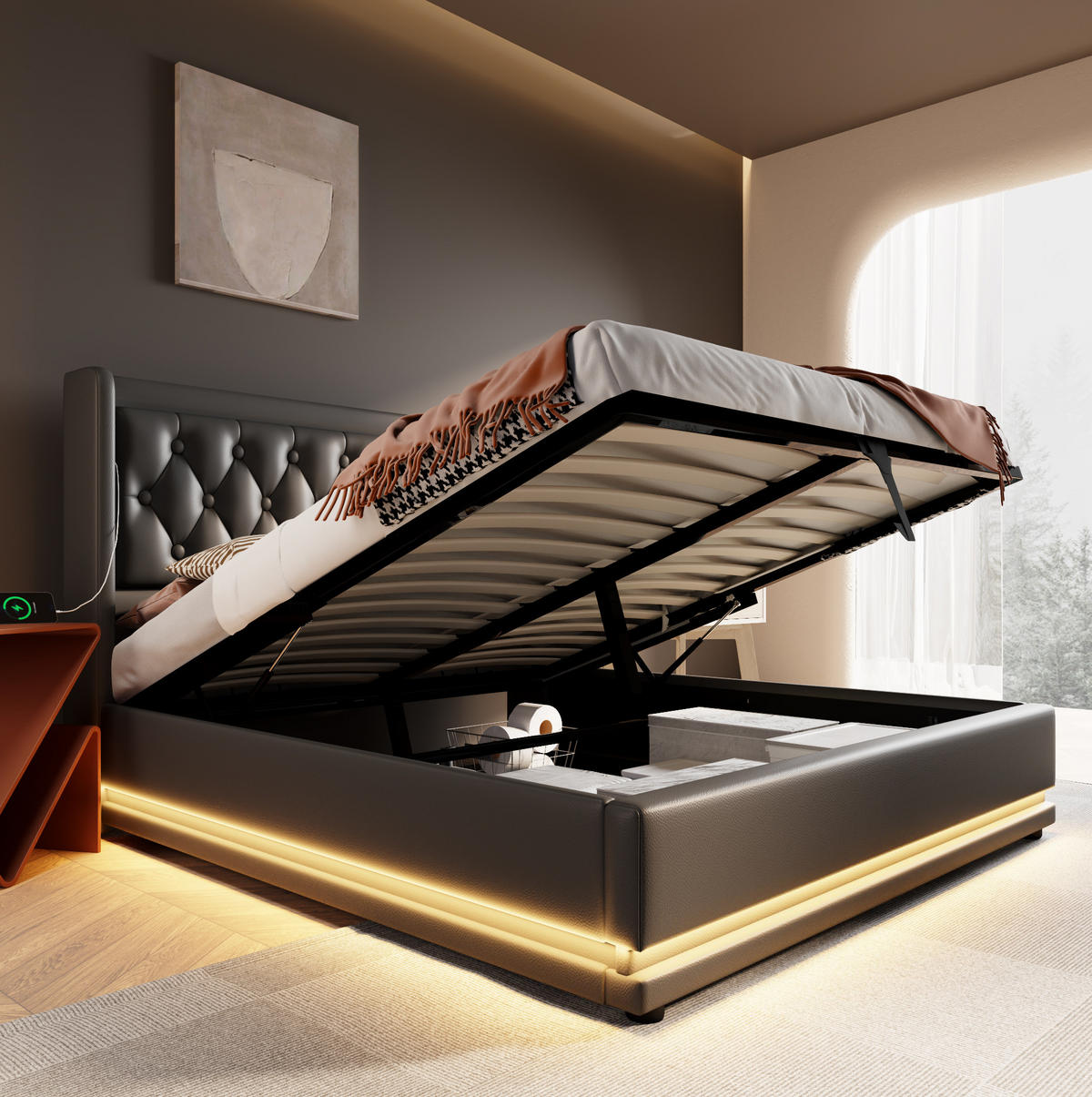 POLSTERBETT 160/200 cm mit hydraulischem Bettkasten, 3-seitiger LED & USB/Typ-C am Kopfteil,Schwarz - Schwarz, Kunststoff (160/200cm) - Redom