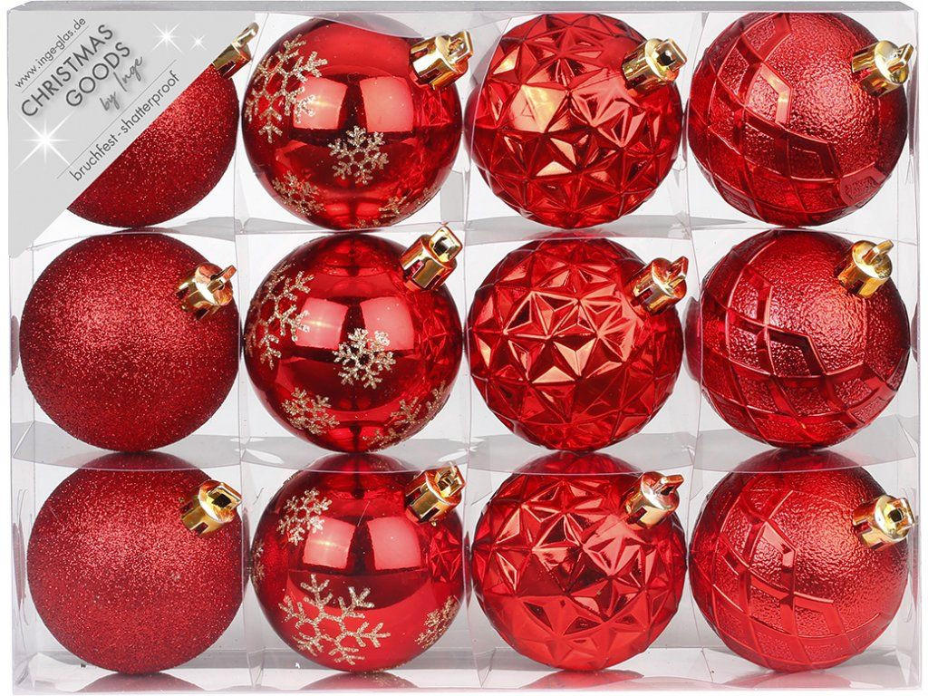 WEIHNACHTSORNAMENTE 12er-Set runde Ornamente rot Mix 6 cm - Rot, Kunststoff (6/6/6cm) - LAALU