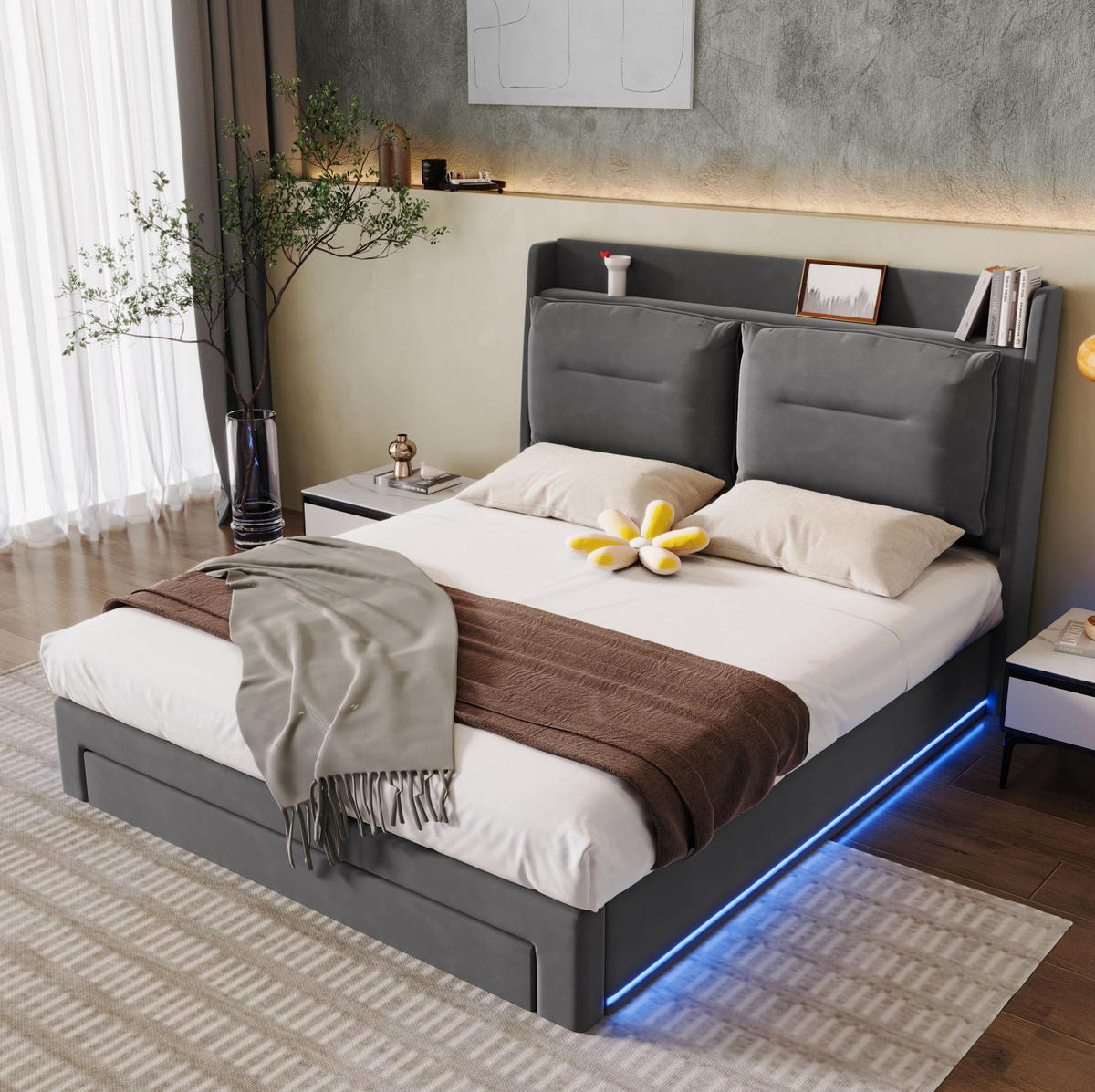 POLSTERBETT aus Samt 160x200 cm in Dunkelgrau mit LED-Beleuchtung & Stauraum - Dunkelgrau, Textil (160/200cm) - Modfu