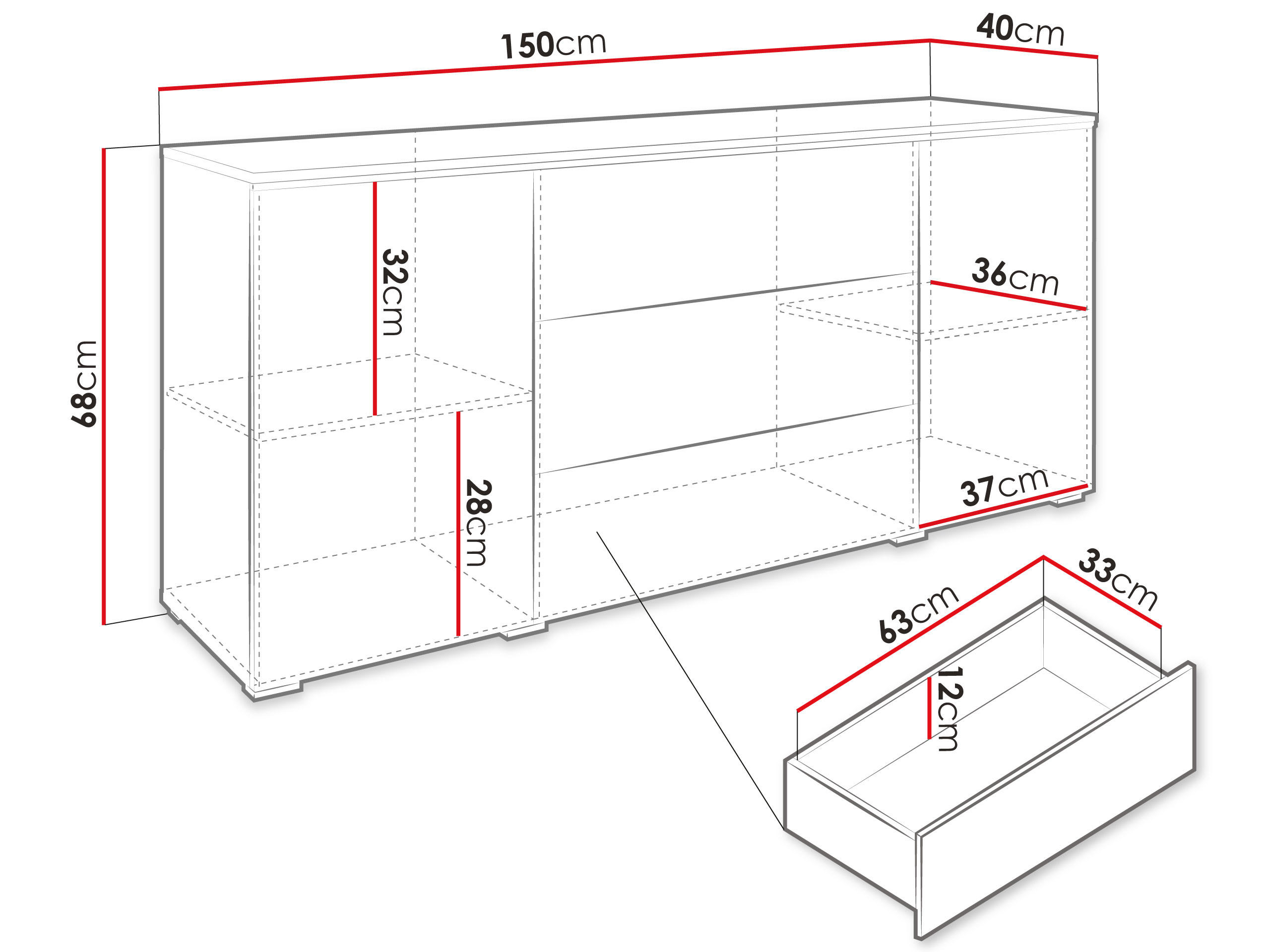 Thumbnail - Mirjan24 Sideboard, Weiß, Grau, Holzwerkstoff, 3 Schubladen, 150x66x40 cm, Wohnzimmer, Kommoden & Sideboards, Sideboards