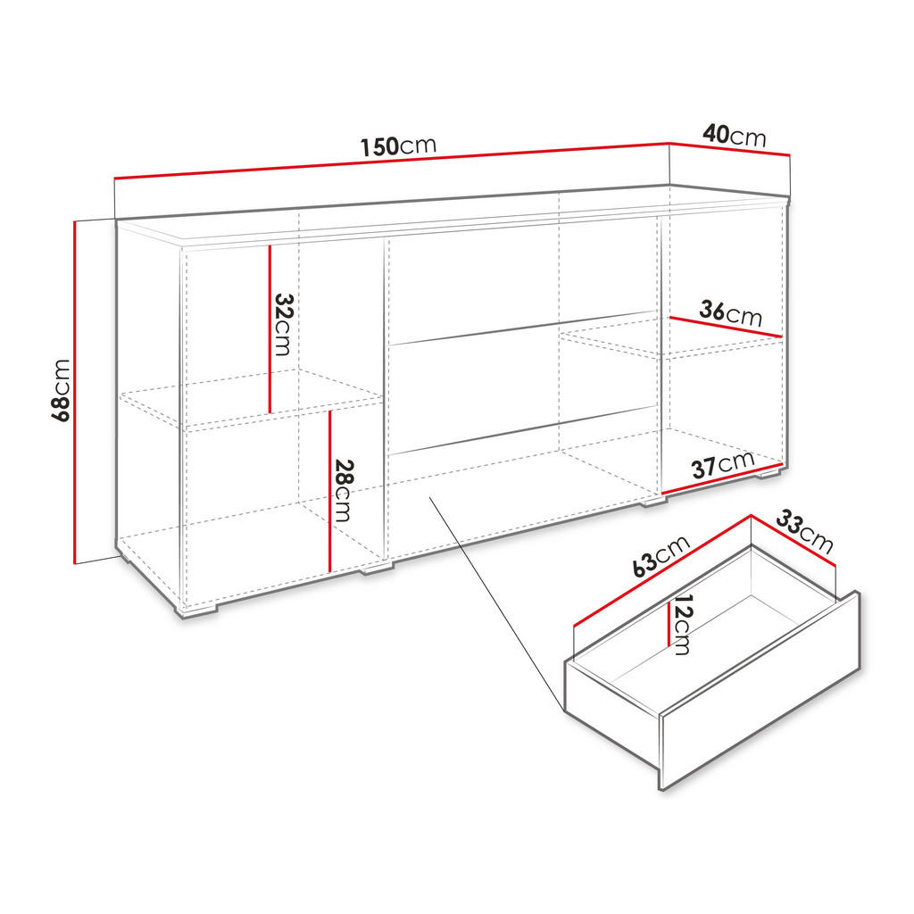 Thumbnail - Mirjan24 Sideboard, Hellgrau, Weiß Hochglanz, Holzwerkstoff, 3 Schubladen, 150x66x40 cm, Wohnzimmer, Kommoden & Sideboar...