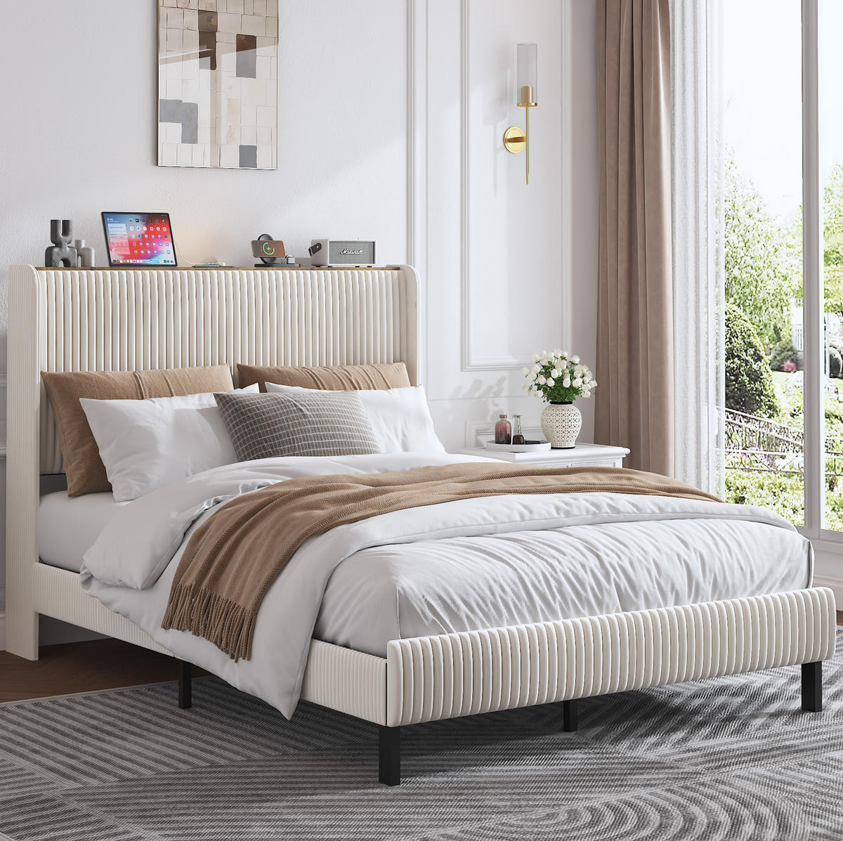 POLSTERBETT 140/200 cm mit Cordbezug, geräuscharmem Metallgestell und Flügelkopfteil, Beige, Creme - Creme, Textil (140/200cm) - Redom