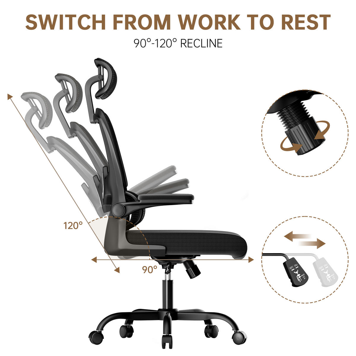 BÜROSTUHL Schwarz ergonomisch mit klappbaren Armlehnen - Schwarz, Metall (25/52.5/65cm) - Rattrix