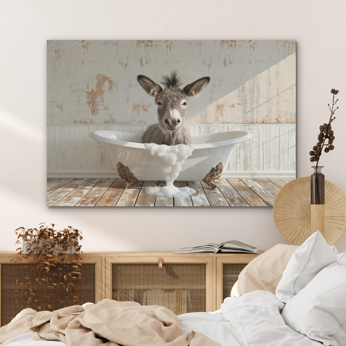 AKUSTIKPANEEL Esel - Tiere - Badewanne - Schaumstoff 100x70 cm - Weiß, Textil (100/0.9/70cm) - MuchoWow
